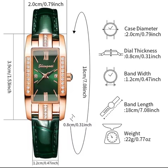 Elegant Green & Red Rectangle Watch – Women’s Luxury Crystal Leather Strap - Picture 2 of 3
